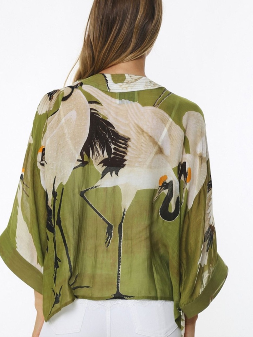 One Hundred Stars Stork Print Lightweight Kimono Top - Picture 2 of 9